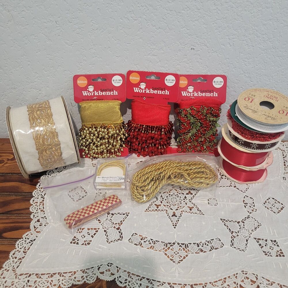 Assorted Christmas Lace Trim, Ribbon, Beaded Wired Ribbon mostly new Holiday